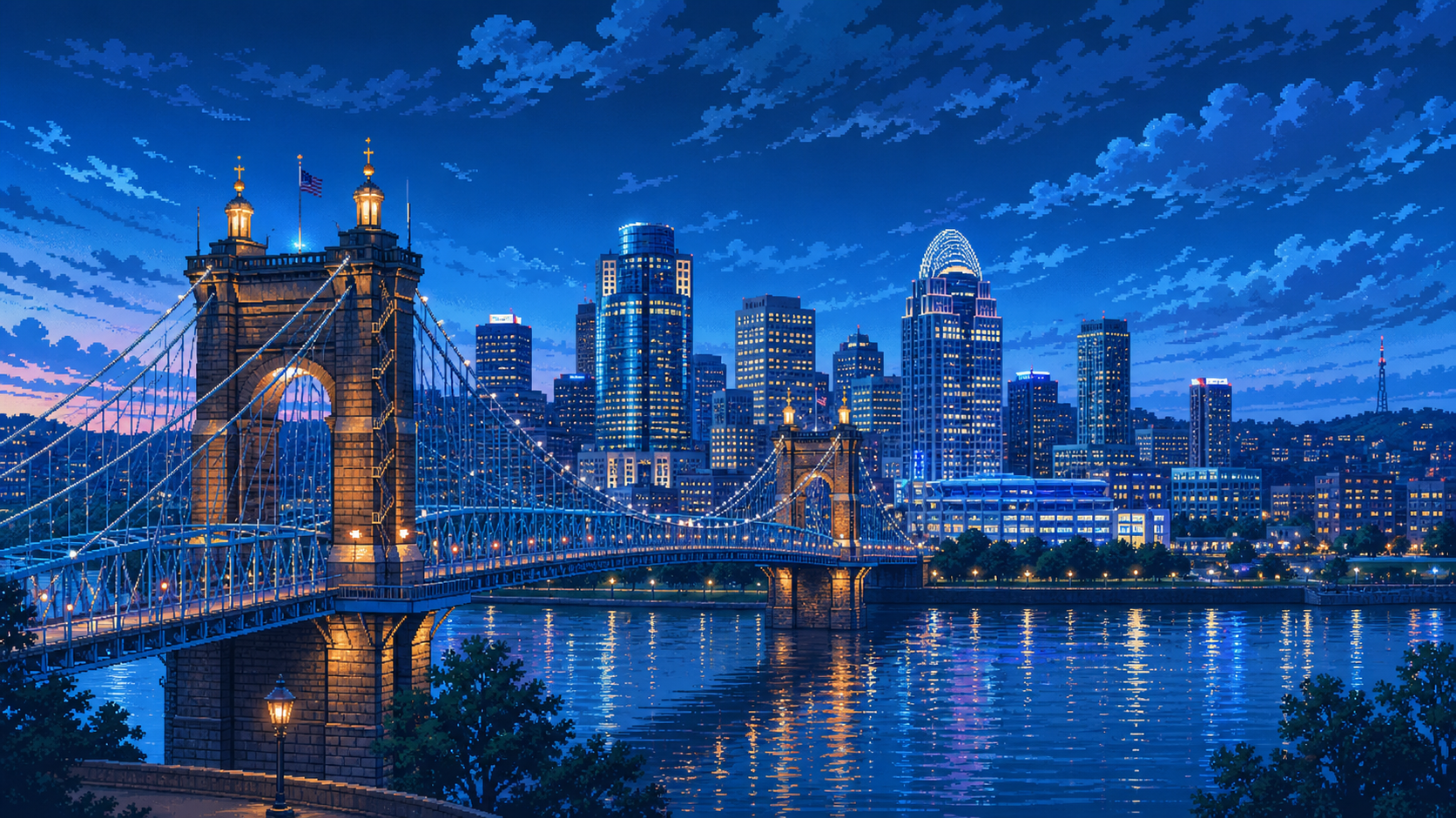 Blue bitmap-art Cincinnati skyline with the Roebling Suspension Bridge