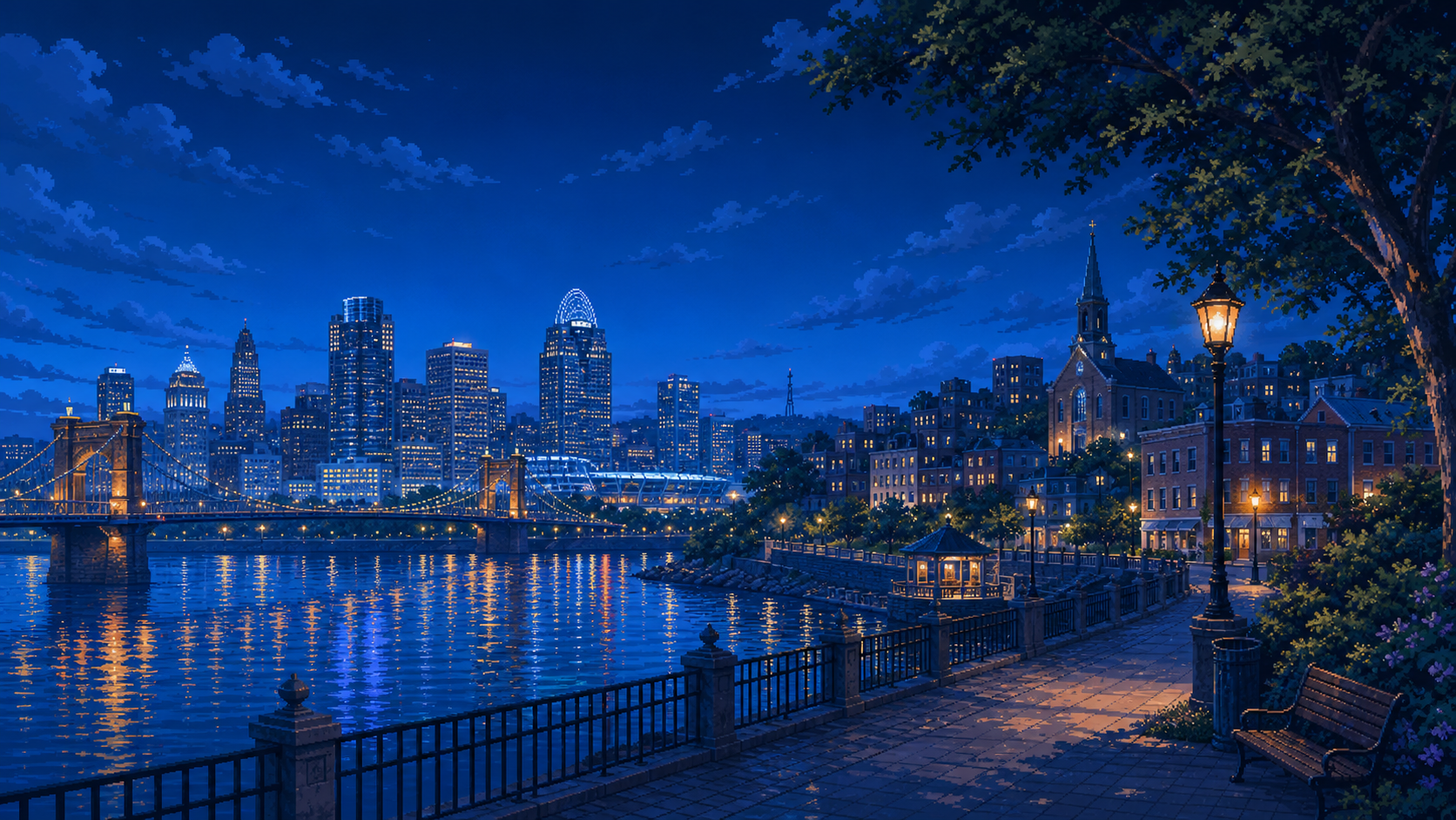 Blue bitmap-art Covington Kentucky riverfront at dusk